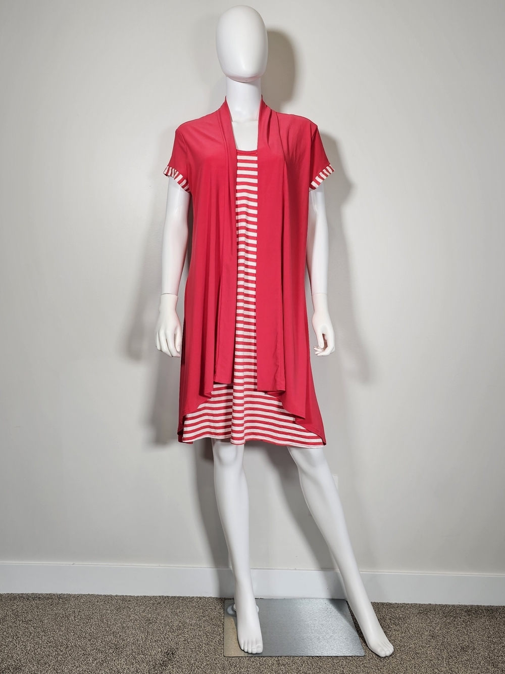 Joseph Ribkoff Vibrant Coral-Pink Stripe Cardigan Style Dress Sz 14